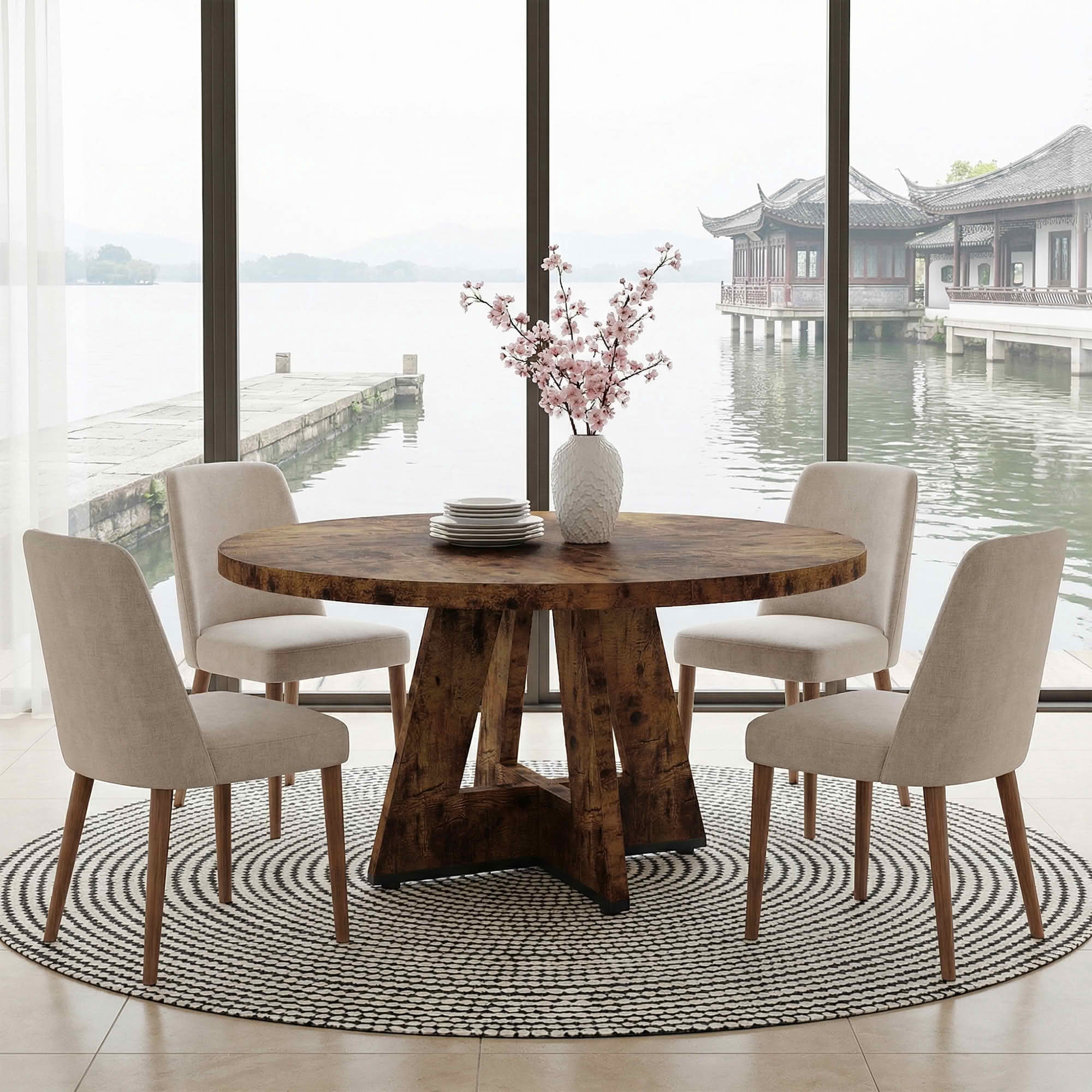 MAYEERTY 47 Inch Farmhouse Round Dining Table, Wooden Kitchen Dinner Table for 4 People with Sturdy Metal Frame