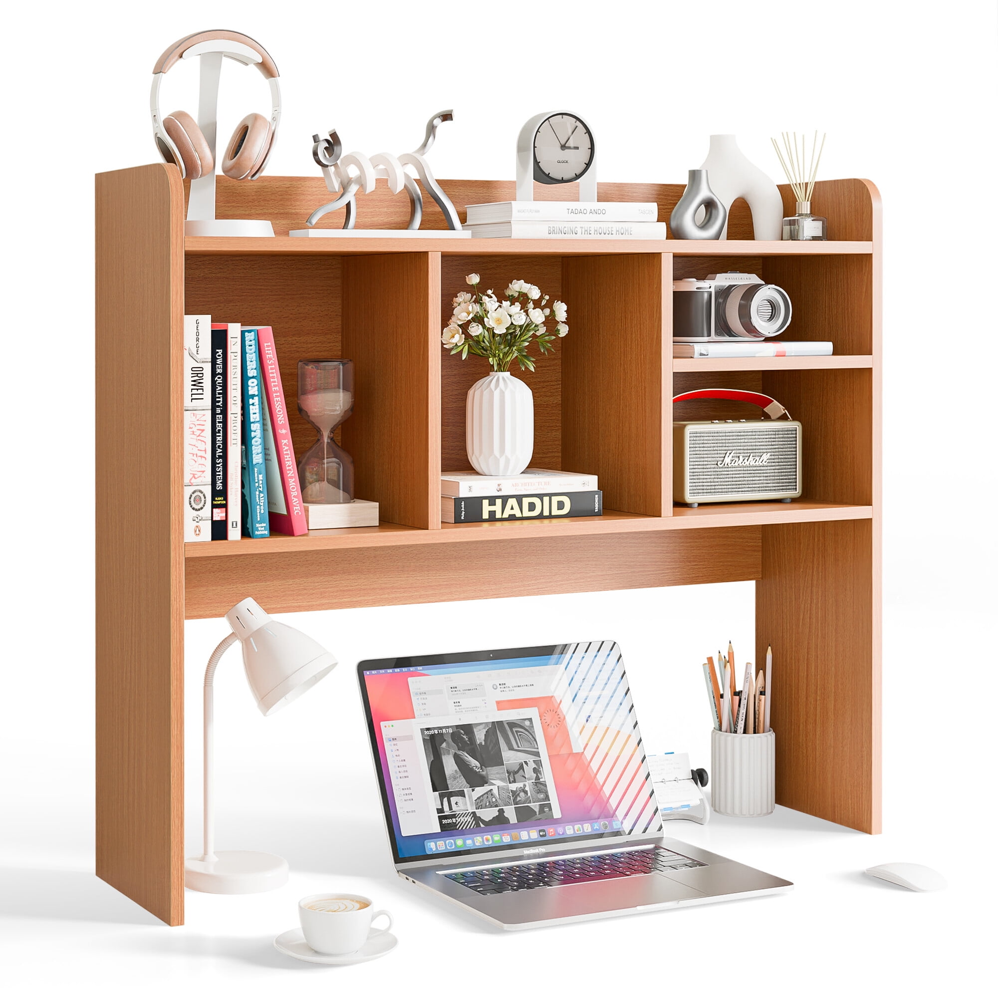 ZENY Desktop Bookshelf Storage Tabletop Display Hutch with 4 Shelves Wood Frame Freestanding Desk Organizer, Natural