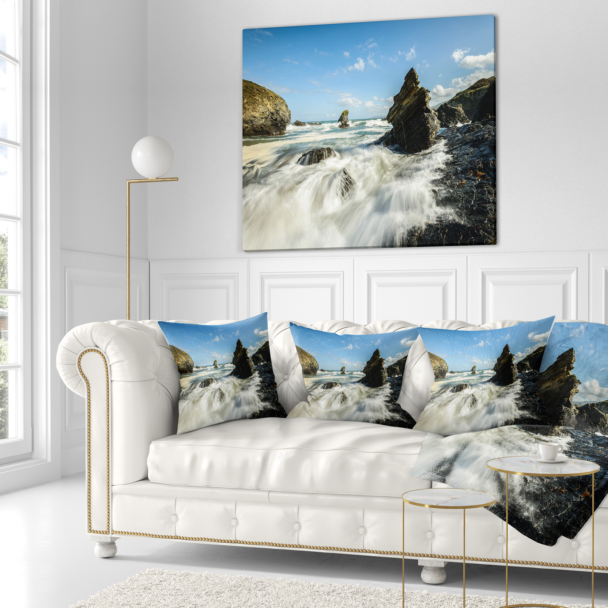 Designart Roaring Atlantic Rocky Coast - Seascape Throw Pillow - 18x18
