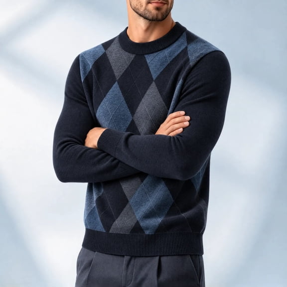 QSAWXQZ Men's Crewneck Sweater Long Sleeve Argyle Jacquard Pullover Knit Top S