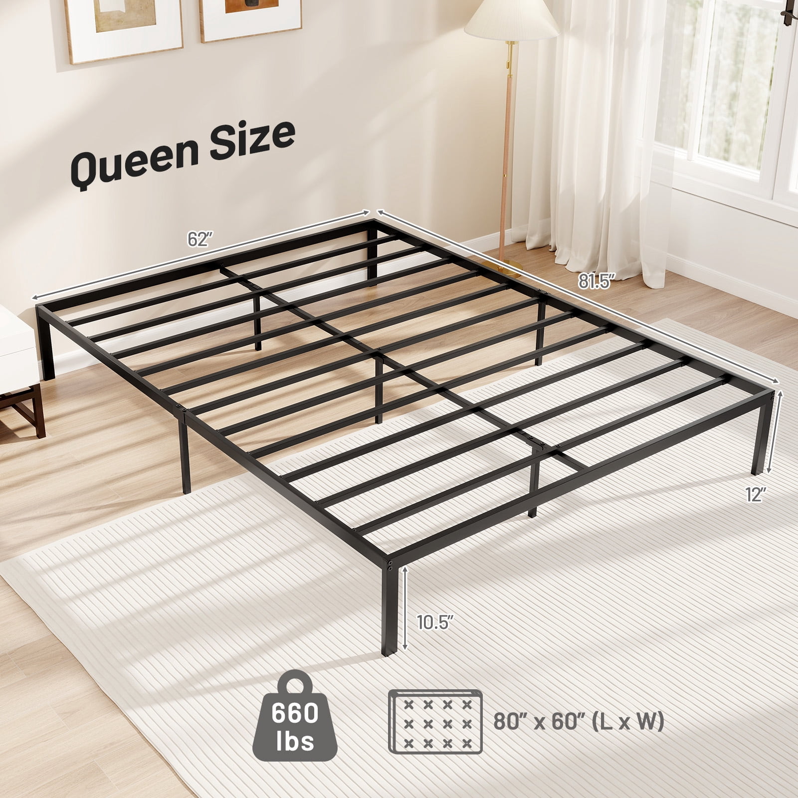 Gymax Queen Size Metal Bed Frame Heavy Duty Support Slats Mattress Foundation
