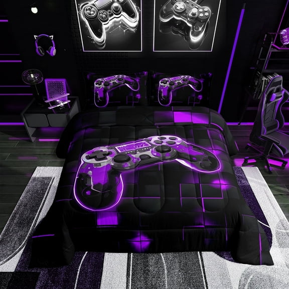 Twin Gamer Comforter Set Neon Gaming Bedding Sets Video Game Room Decor,Purple and Black Geometric Bedding Comforter Sets Lightweight Game Console Quilt Bed Set 2Pcs