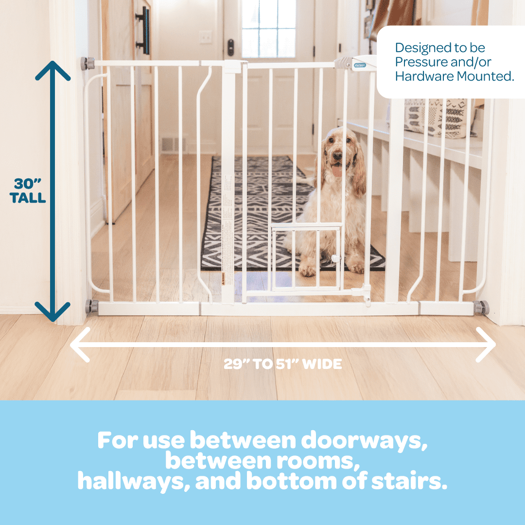 Carlson White Metal Walk-Thru Pet Gate with Lift Handle and Pet Door, 30" H x 29"-51" W