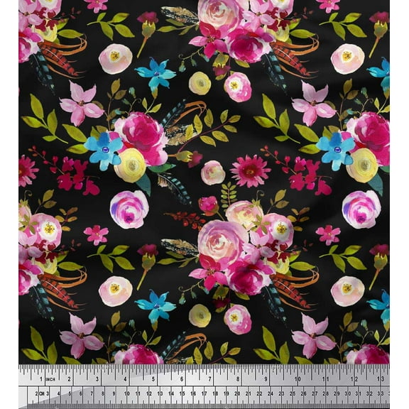 Soimoi Black Cotton Duck Fabric Feather,Leaves & Ranunculus Floral Print Sewing Fabric Yard 42 Inch Wide