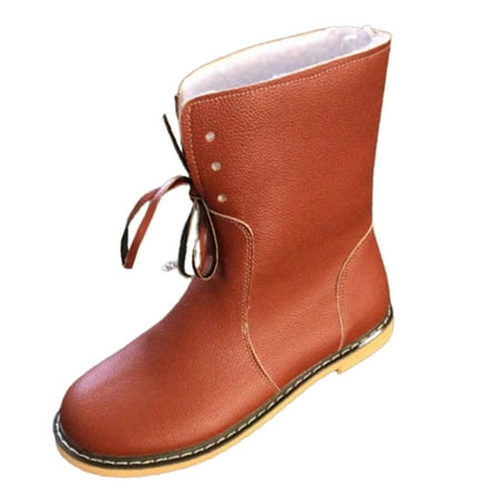 

Women\ s Flat Heel Mid Calf Artificial PU Boots Round Head Shoes with Rubber Sole Anti-slip Winter Supply
