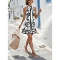 thumbnail image 6 of Black And White Womens Halter Neck Sleeveless A-Line Mini Dress With Floral Print, Elegant Summer Style, 6 of 6