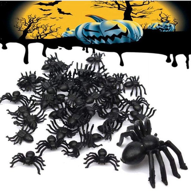 100 Uds. Arañas de Halloween insectos realistas de plástico negro araña falsa