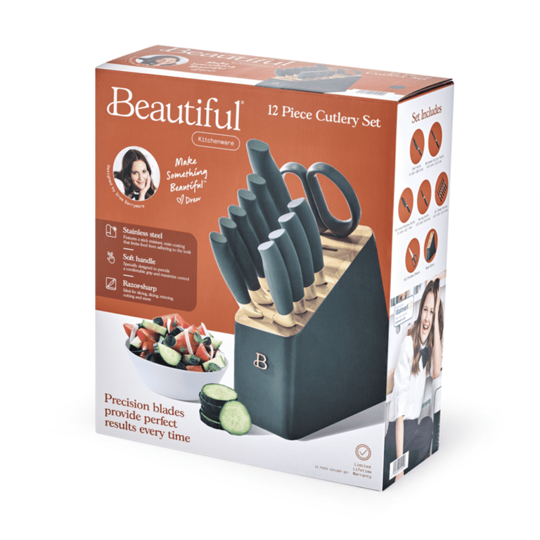 Beautiful 12 Piece Thyme Green and Gold Knife Block Set with Soft