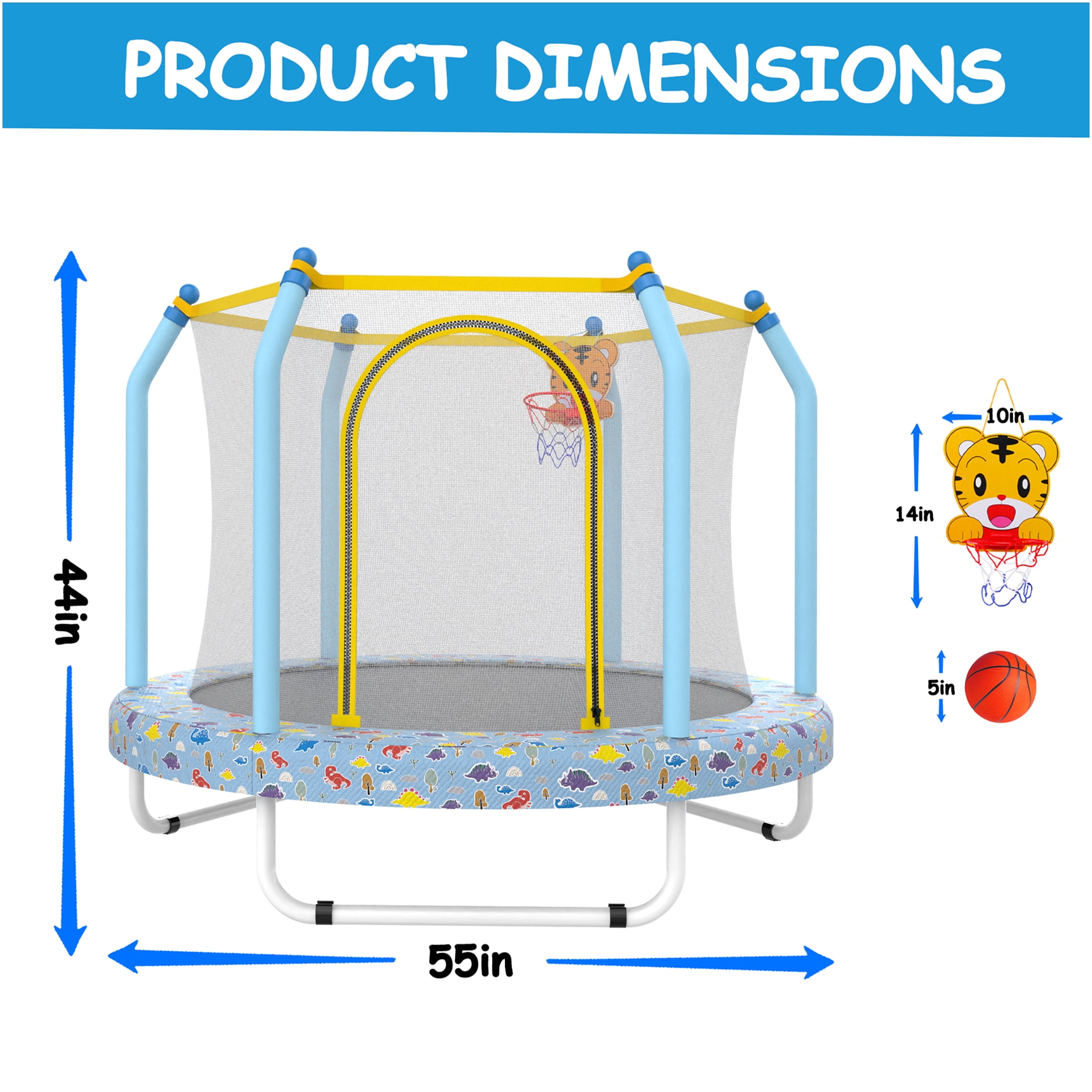 JERFIT 55" Kids Trampoline with Basketball Hoop, ASTM Certified Indoor/Outdoor Jungle Themed Bouncer for Toddlers with Safety Enclosure Net