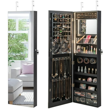 GiantexJewelry Cabinet Wall Mounted/Over the Door  Lockable Jewelry Organizer w/Full Length Mirror  3 Colors Built-in LED Strip  Black