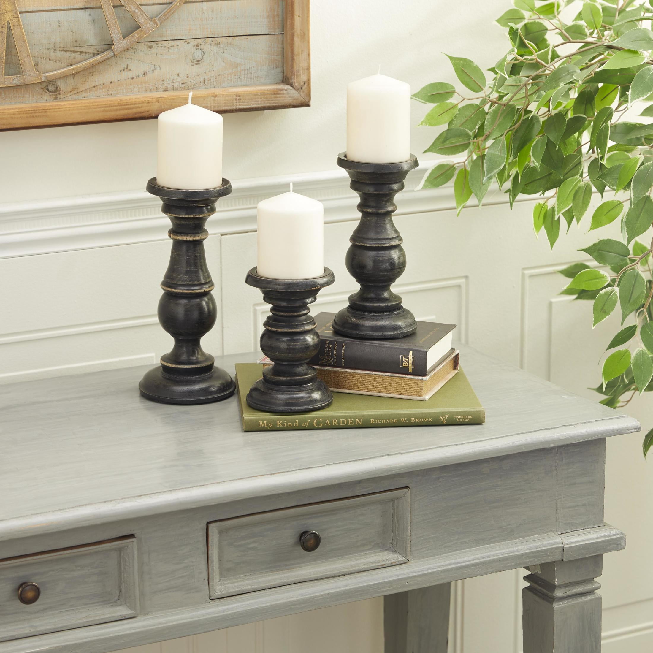 DecMode 3 Candle Black Mango Wood Distressed Turned Pillar Candle Holder, Set of 3