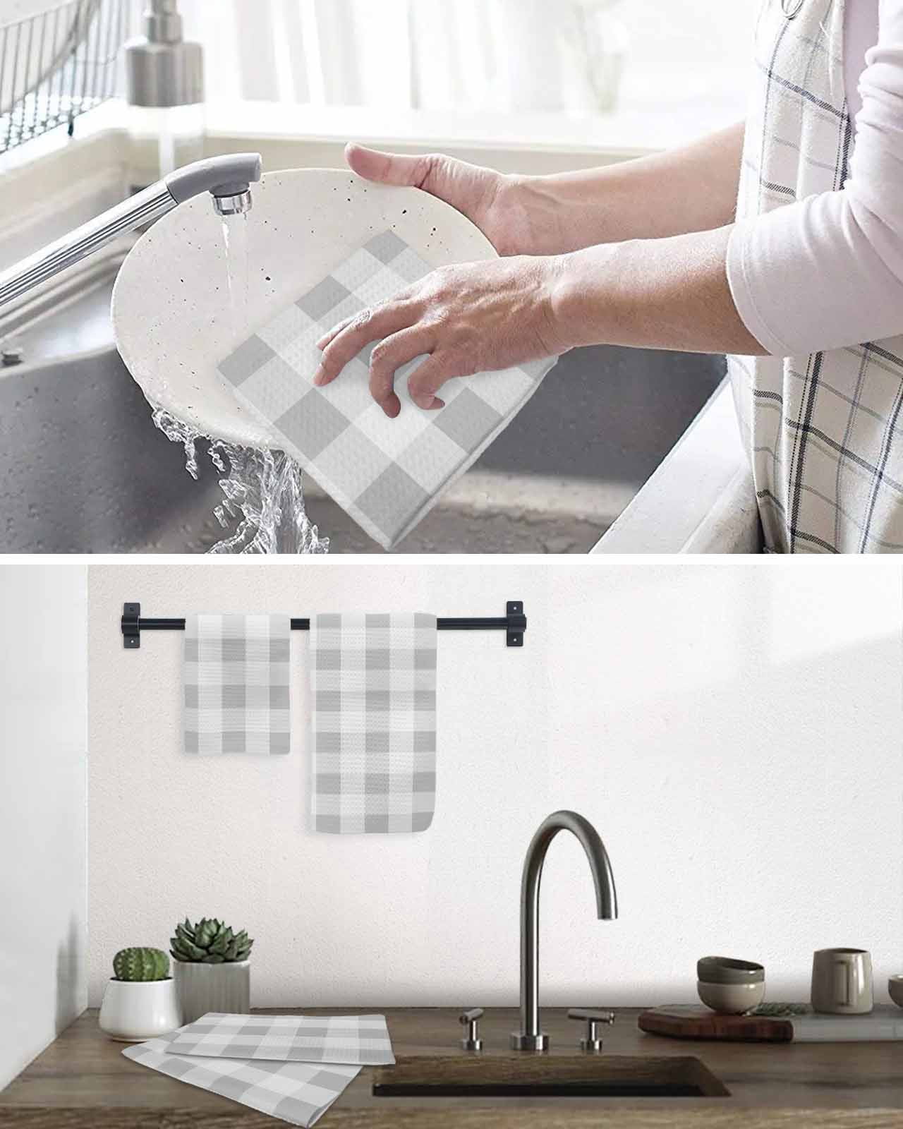 Grey Plaid Kitchen Dish Towels for Drying Dishes Set of 3, Spring Summer Farmhouse Buffalo Checkered Waffle Weave Microfiber Hand Tea Bathroom Towels Quick Dry & Absorbent Towel 15.7x23.6