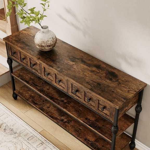 52.5 Inch Long Console Tables for Entryway with 3 Drawers, 3-Tier Industrial Metal Frame Sofa Table with Roman Column Legs for Hallway, Living Room, Foyer, Retro