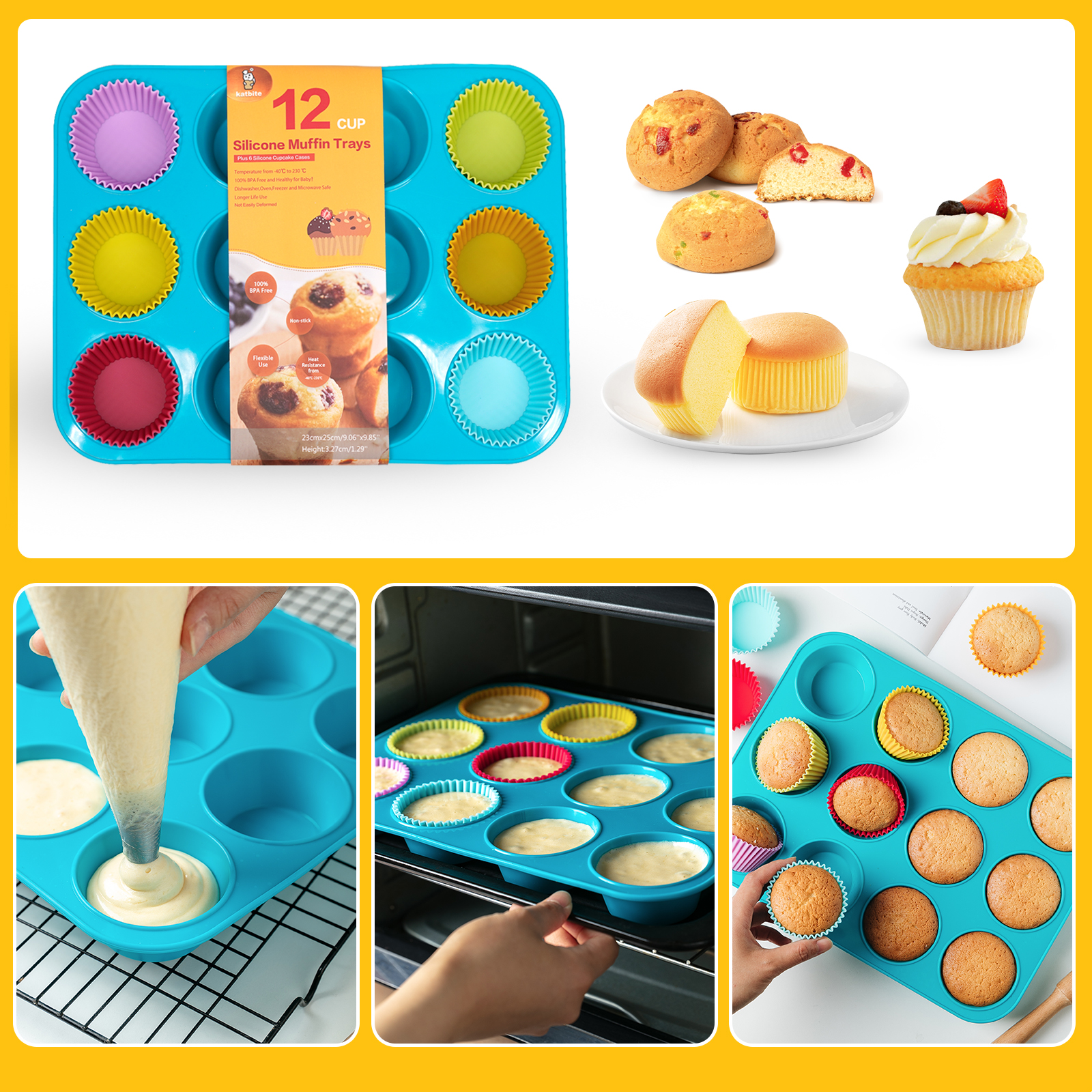Katbite 12-Cup Silicone Muffin Pan, Blue photo 4