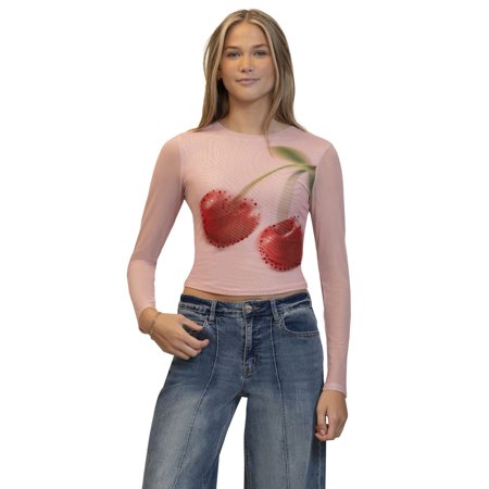 Juniors' madden girl Long Sleeve Mesh Top Color: Pink Cherry Combo Size: X SMALL