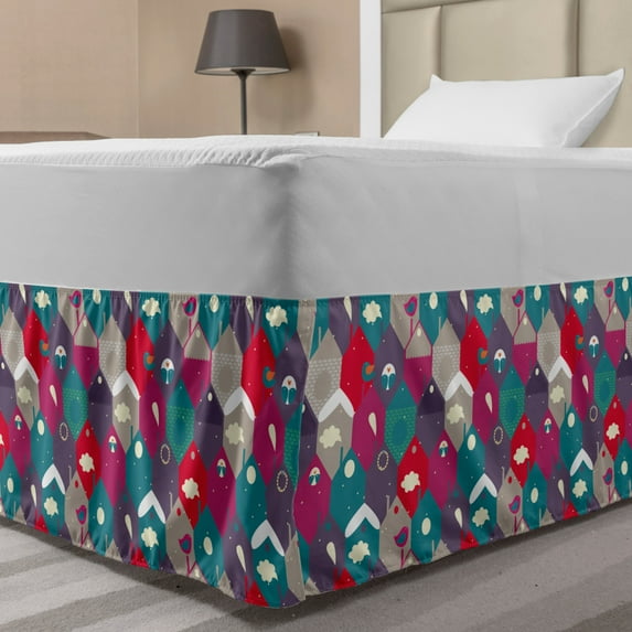 Winter Bed Skirt, Pastel Tone Hexagons with Various Motifs or Bird of Cityscape, Elastic Bedskirt Dust Ruffle Wrap Around for Bedding Decor, 4 Sizes, Multicolor, by Ambesonne