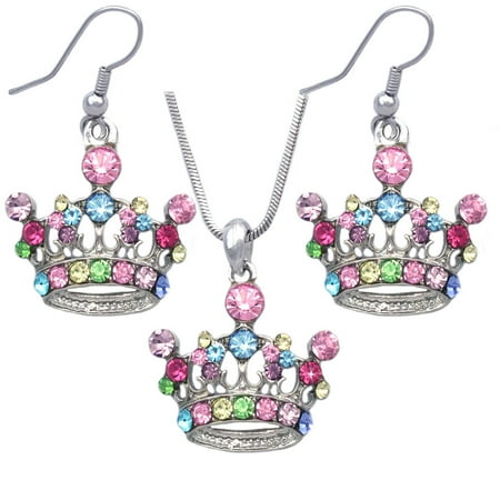 - cocojewelry Queen Princess Crown Tiara Pendant Necklace Earrings Set