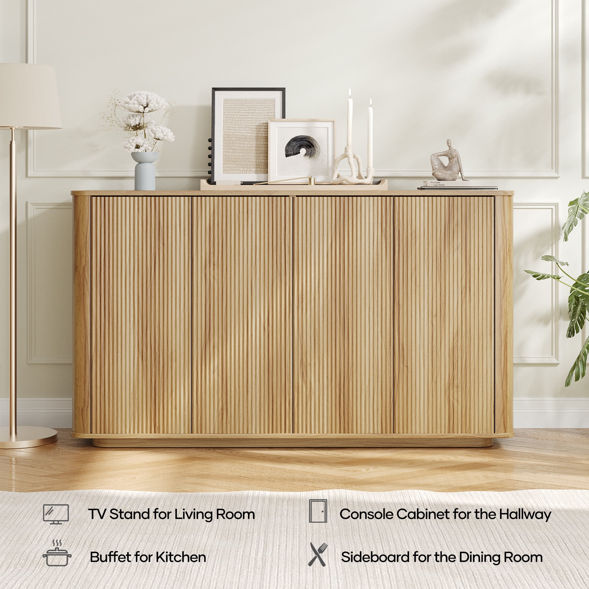 MARNUR 55"W Buffet Cabinet with Storage, Modern Coffee Bar Cabinet with 3-Sided Wave Fluted Design, Adjustable Shelves, Anti-Tip, Easy Clean Top for Kitchen, Dining Room, Living Room, Oak