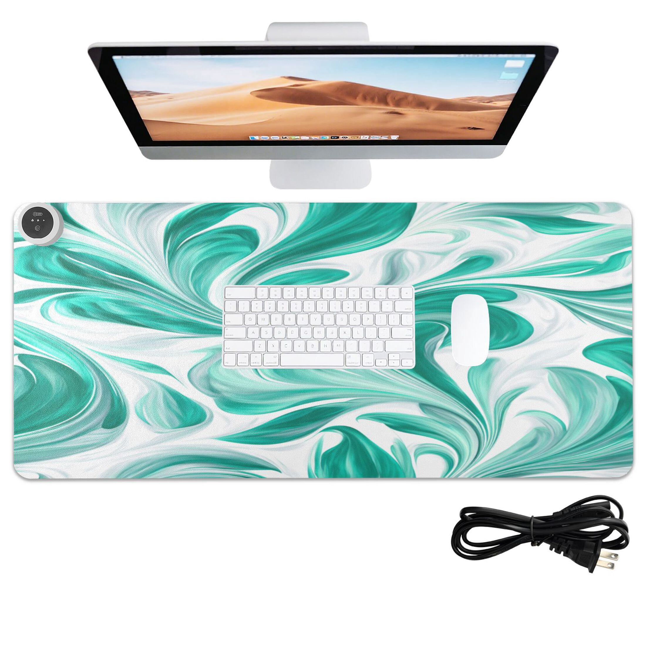 Large Heated Desk Mat Mouse Pad 31.5"x13"PU Leather Graphene Heating Desk Warmer with 3 Temperature Settings 110V US Plug Non-Slip Warm Pad for Home, Office, and Gaming Jade Green Marble Pattern