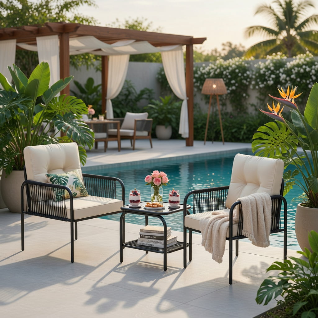 Hommoo 3-Piece PE Rattan Outdoor Bistro Set, Cushions, Black Wicker, Tempered Glass Coffee Table for Patio, Yard & Poolside, Beige