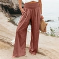 thumbnail image 3 of DENGDENG Floral Wide Leg Pants Loose Fit Cotton Linen High Waisted Women's Panties Fall Straight with Pockets Palazzo Solid Color Pleated Elastic Casual Pants for Women Red M, 3 of 7