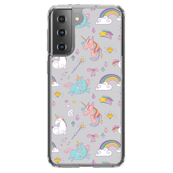 DistinctInk Clear Shockproof Hybrid Case for Galaxy S21 PLUS 5G (6.7" Screen) - TPU Bumper, Acrylic Back, Tempered Glass Screen Protector - Unicorn Rainbow Wand Pattern - Grey