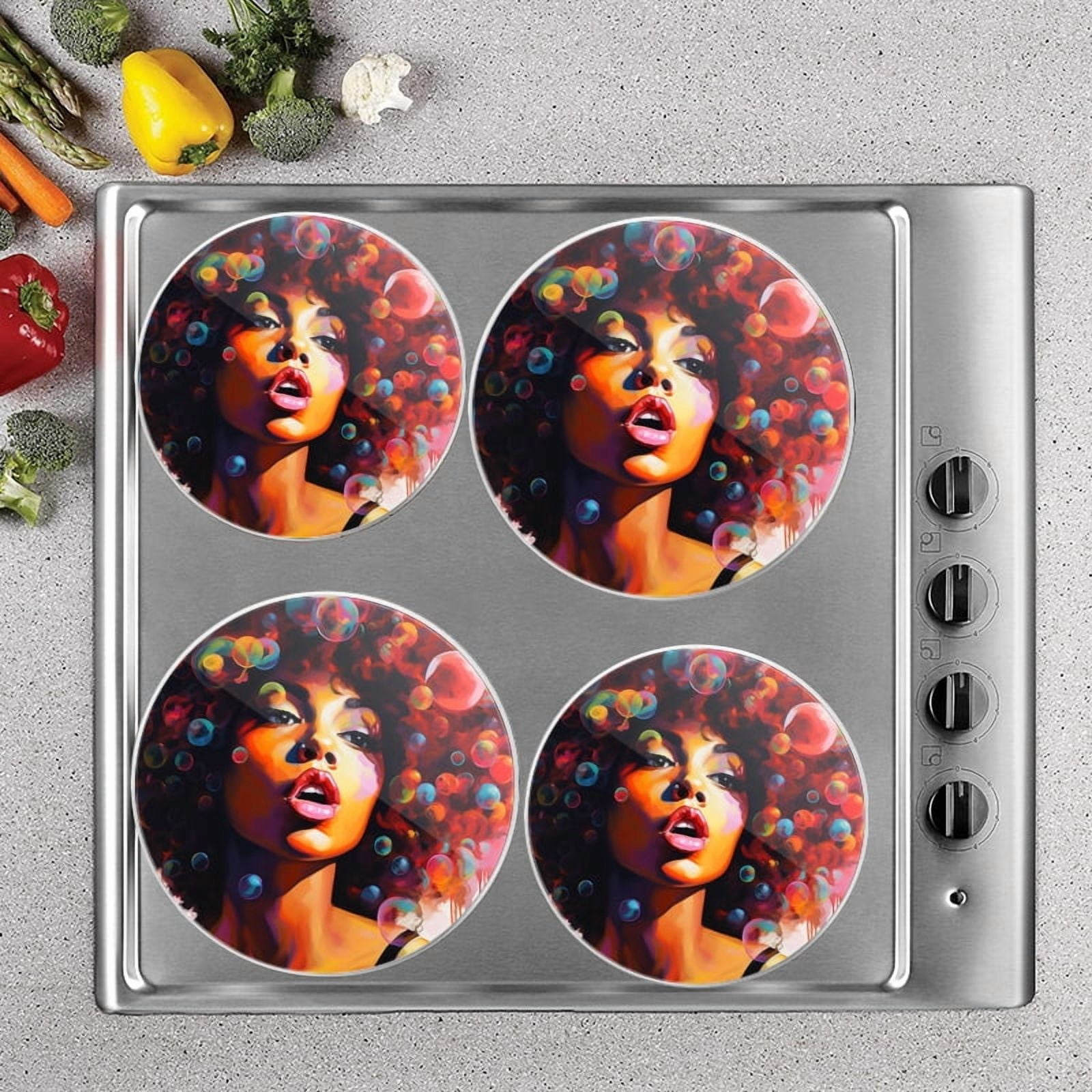 BaHomeck Electric Stove Burner Covers Set of 4,Round Metal Gas Stove Burner Covers 8 Inch and 10 Inch,Kitchen Decor,American Woman With Curly Hair Blowing Bubbles