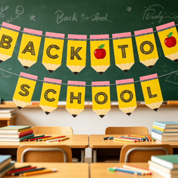 Back to School Pencil Banner, First Day of School Party Decorations Strings Pencil Apple Welcome Back to School Decorations for Classroom Office Garland Banner