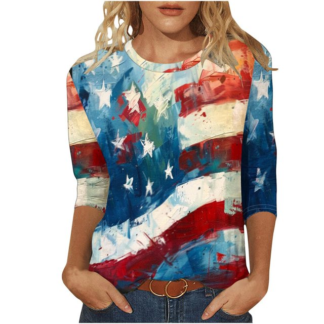 Mujeres 3/4 Manga Tops Y Blusas de Impresión Cuello Redondo Suéter, Tops de Moda de la Mujer para la Primavera Y el Verano