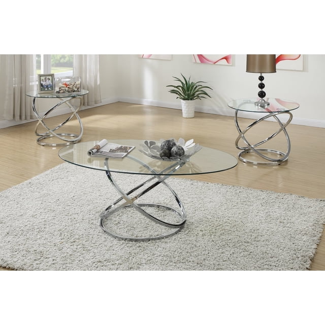 3pc Modern Glass Top Coffee End Table Set with Spinning Circles Base