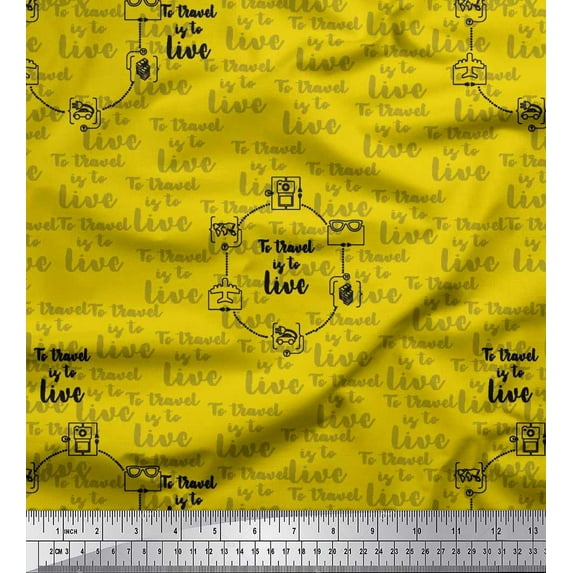 Soimoi Yellow Georgette Viscose Fabric To Travel Is To Live Text Printed Fabric 1 Yard 42 Inch Wide