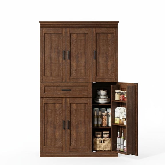 Modern 71" Tall Freestanding Pantry Cabinet – 6 Doors, 7 Adjustable Shelves, Drawer – Large Storage Cupboard for Kitchen, Dining Room, Bathroom, Laundry, Living Room – Reddish Brown