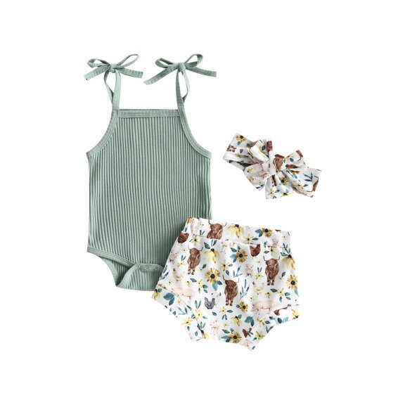 Hirigin Newborn Baby Girl Western Outfits Ribbed Tank Romper Top and Cow Print Shorts Headband 3 6 12 18 Months Summer Clothes Set