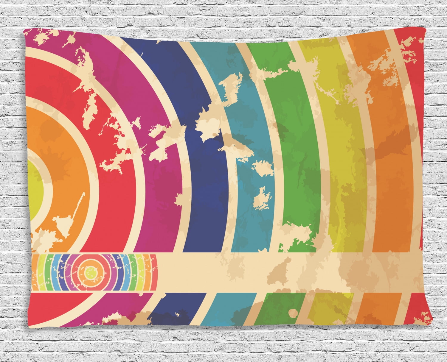 Vintage Rainbow Tapestry, Curvy Lines in Different Colors and Torn