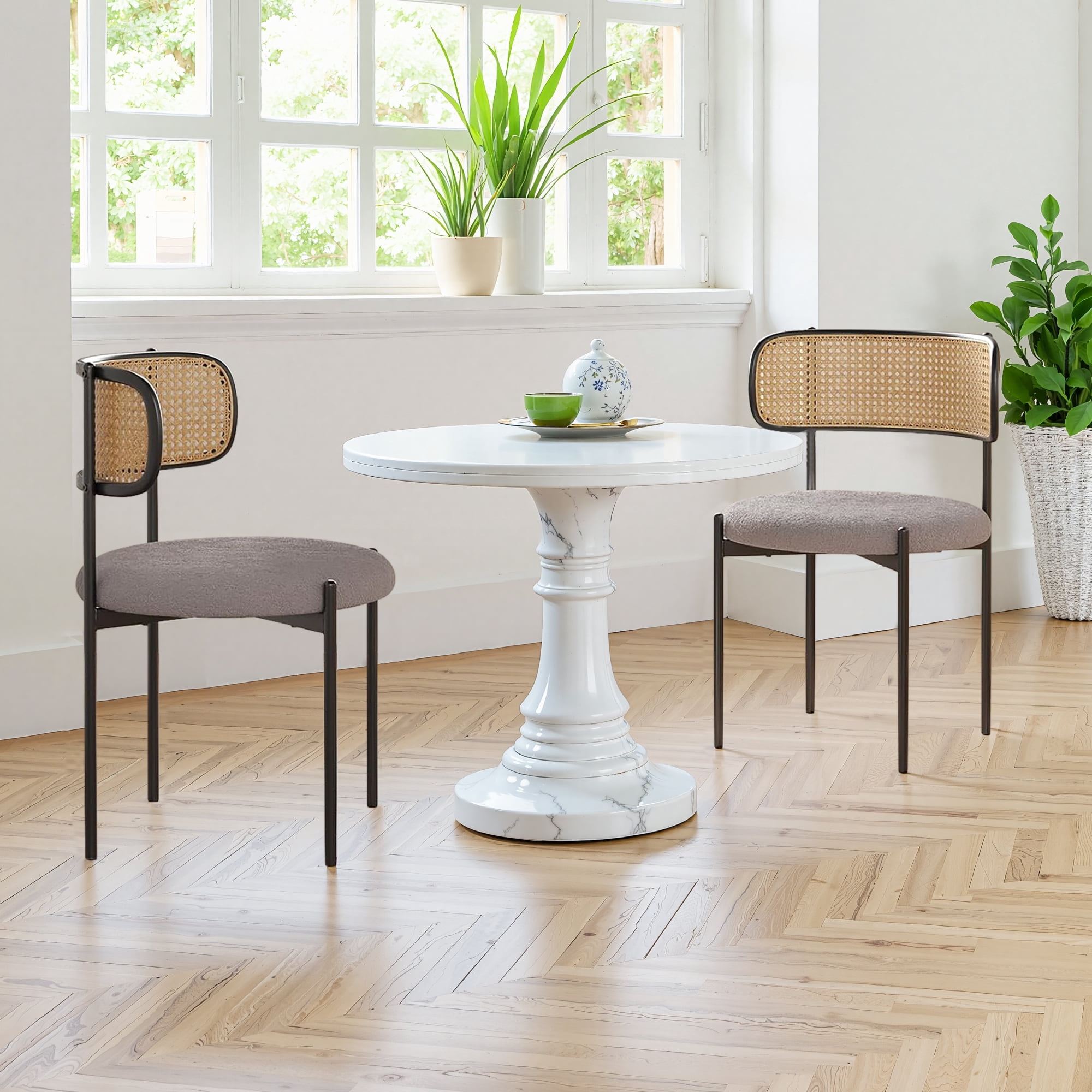 MAYEERTY 2-Pack Light Gray Modern Upholstered Dining Chairs, Rattan Back, Metal Legs, Kitchen Accent