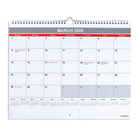 2026 Staples 15" x 12" Monthly Wall Calendar White/Red/Gray (ST52080-26)