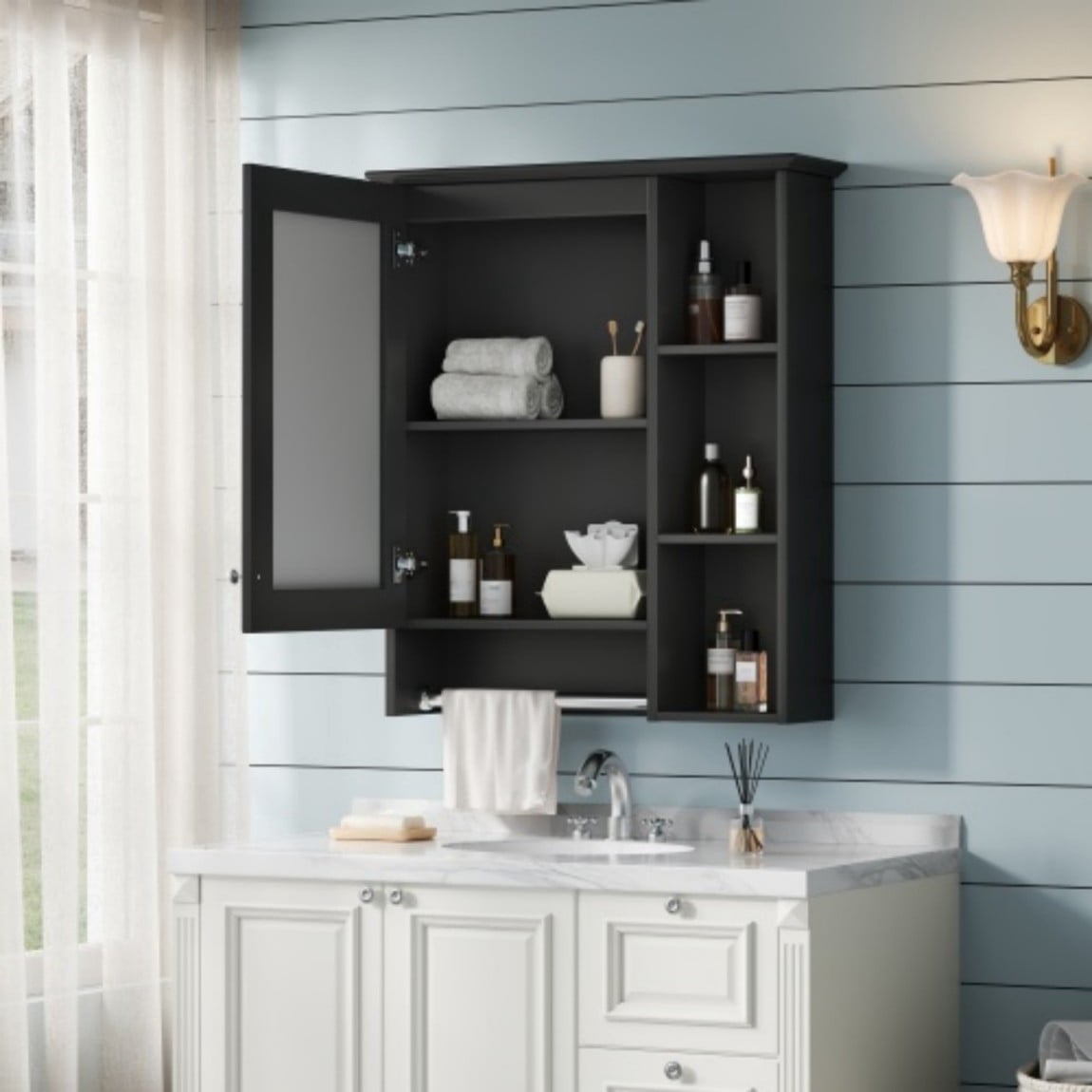 24" Wall Mounted Medicine Cabinet with Mirror, Bathroom Storage Cabinet with Adjustable Shelf, Soft Close Door & Towel Bar, Modern Over Toilet Organizer, Black