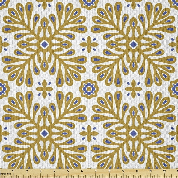 Ambesonne Moroccan Fabric by the Yard Microfiber, Floral Inspired Mosaic, 3 Yards, Ceil Blue Coffee