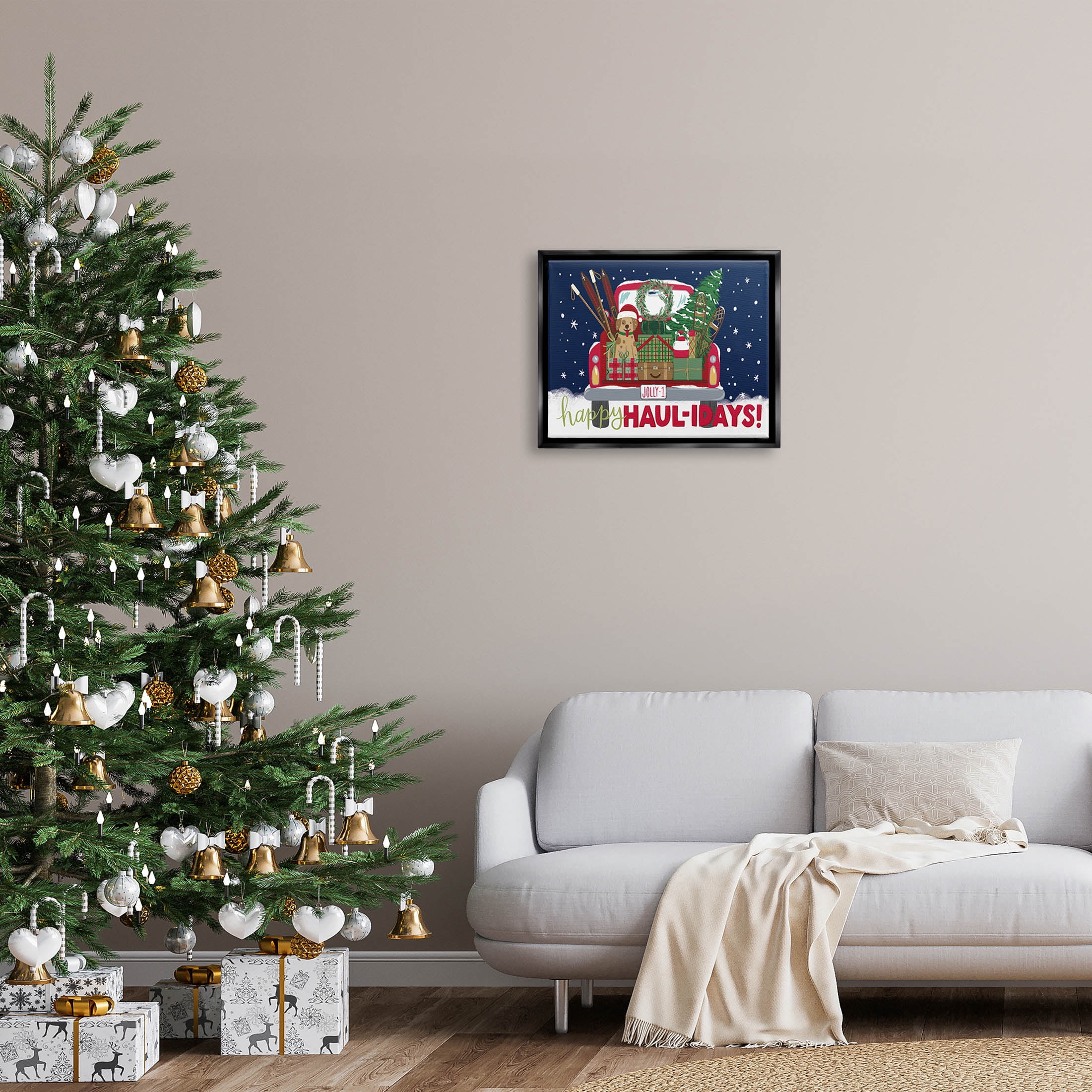 Stupell Industries Happy Haul-idays Christmas Gift Truck Graphic Art Jet Black Floating Framed Canvas Print Wall Art, Design by Amanda McGee