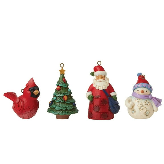Jim Shore Set/4 Christms Ornaments Polyresin Snoman Santa Tree Cardinal 6011887