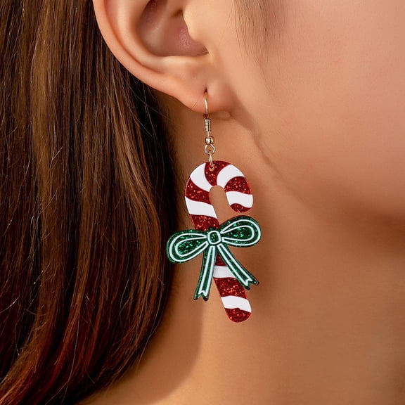 Christmas Candy Cane Bowknot Printed Dangle Earrings