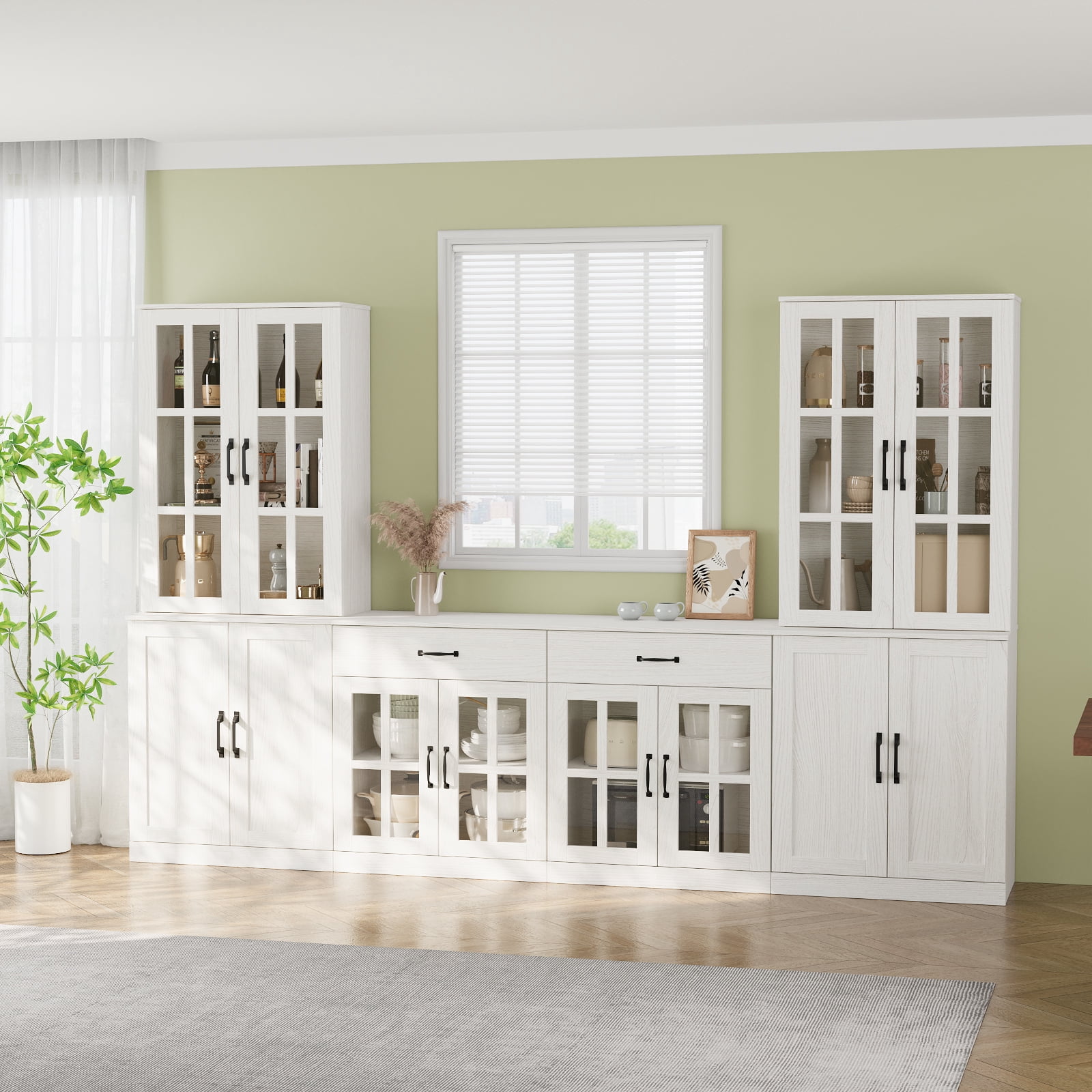 RichYa Kitchen Pantry Cabinet Set of 4,94" W Buffet Sideboard Coffee Bar with Glass Door Hutch,Modular Storage Cabinets with Shelves & Drawers for Dining Room,White(BEEB)