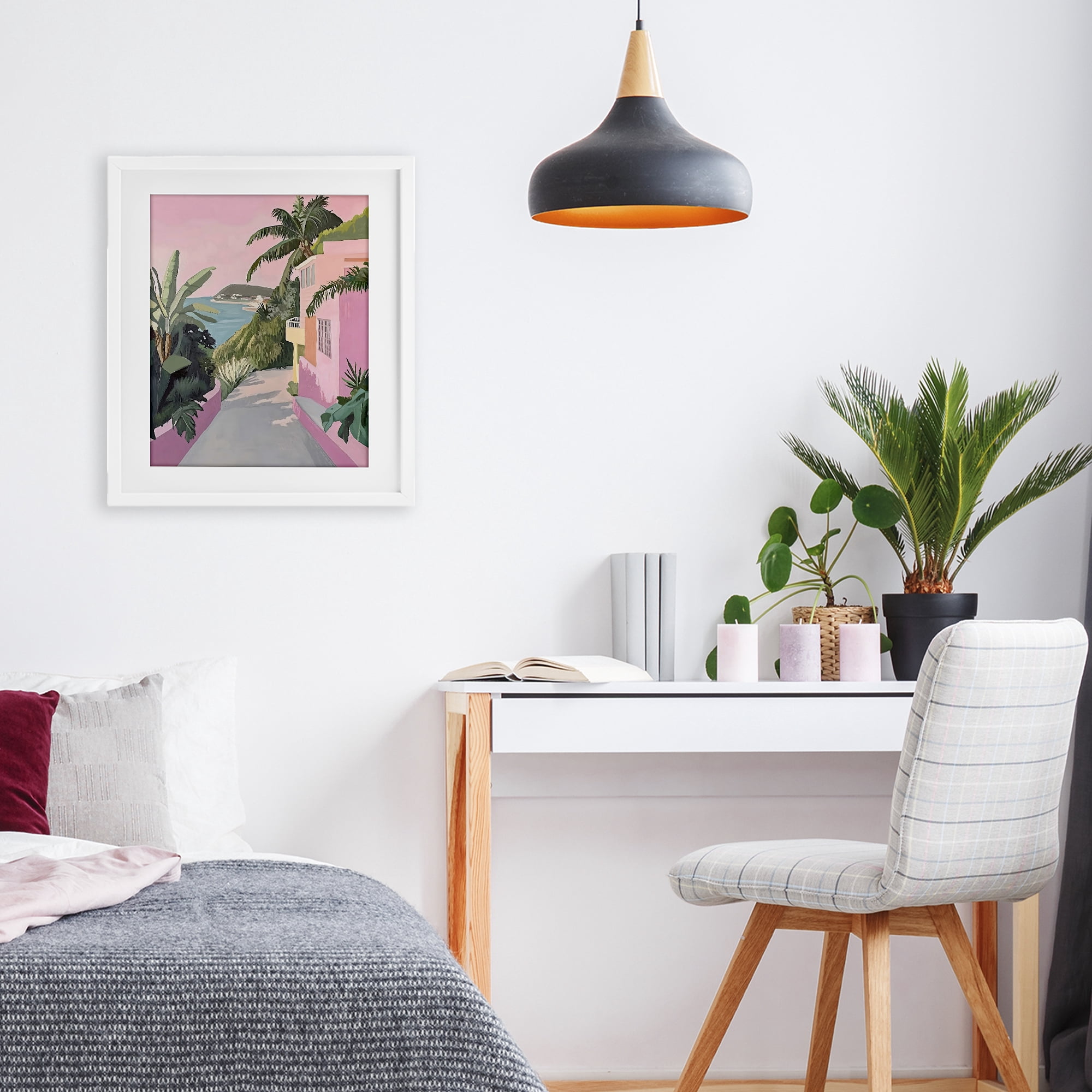 Stupell Industries Mediterranean Pink Coastal House White Framed Print Under Glass, design by The Prints Vibe
