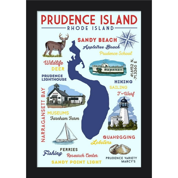 Prudence Island, Rhode Island - Typography & Icons - Lantern Press Artwork (12x18 Giclee Art Print, Gallery Framed, Black Wood)
