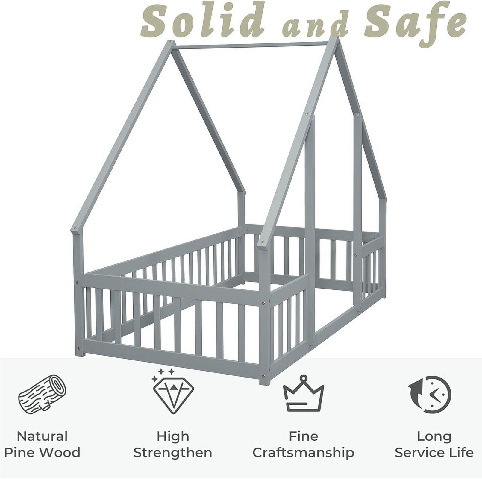 Mirightone Twin Size House Floor Bed Frame with Triangular Roof and Fence Rails, Wooden Floor Bed Frame for Girls,Boys, Montessori Floor Bed, Easy Assembly（Grey）