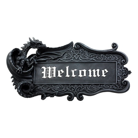 Stone Finish Wall Plaque - Ebros Mythical Fantasy Celtic Dragon Welcome Sign Gothic Wall Decor Faux Stone Resin Sculptural Display Wall Plaque