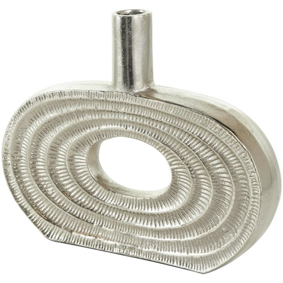 DecMode 10" Geometric Circular Silver Aluminum Metal Vase with Linear Etchings