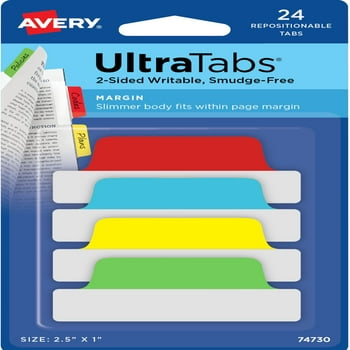 Avery Ultra Tabs, Margin Style, 2.5" x 1", Assorted Primary Colors, 24 Tabs (74730)