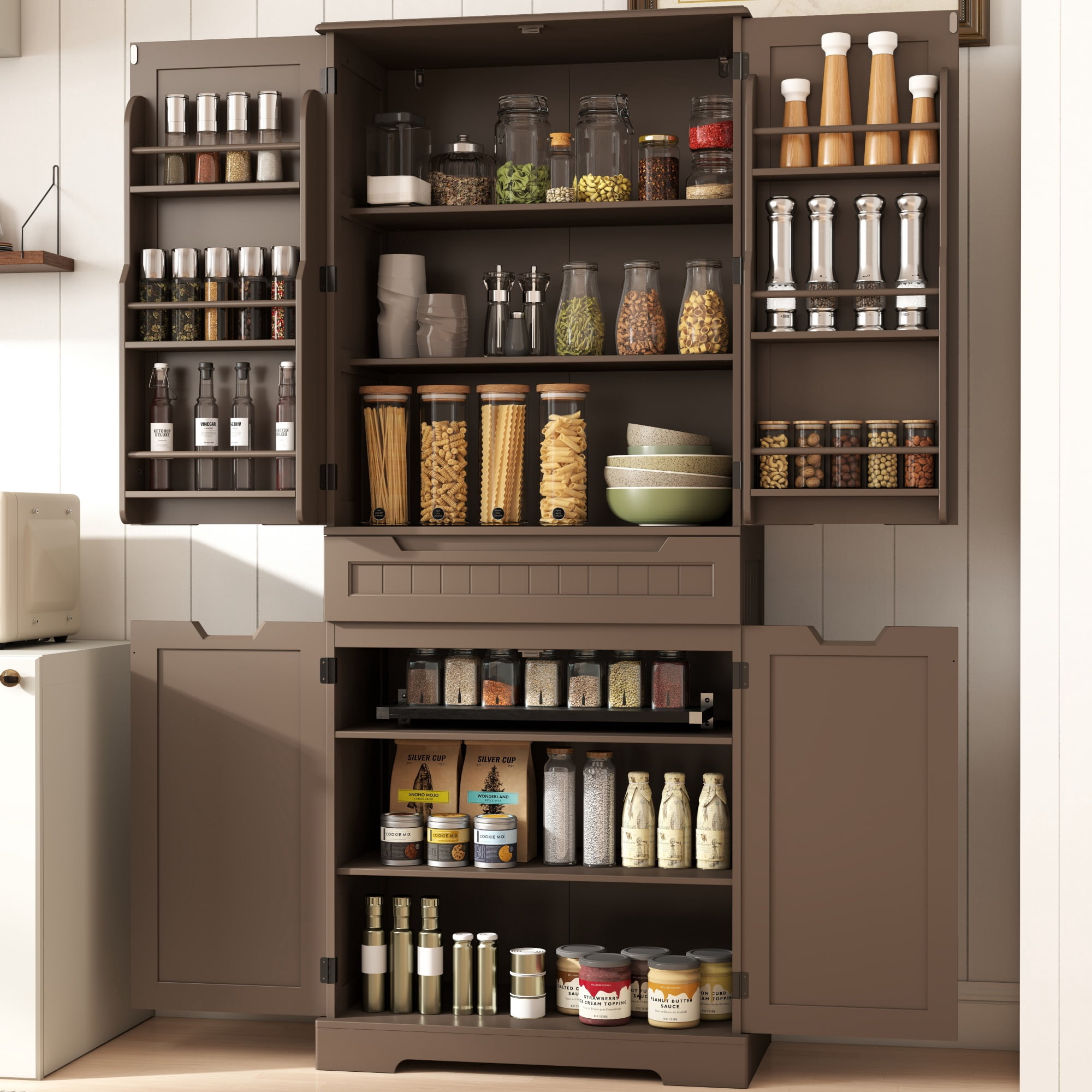 Pantry Cabinet Clearance, Lofka 71" Large Kitchen Storage Cabinet with Adjustable Shelves & Anti-Tip Design, 4 Doors, 12 Shelves, 1 Drawer, Dark Brown