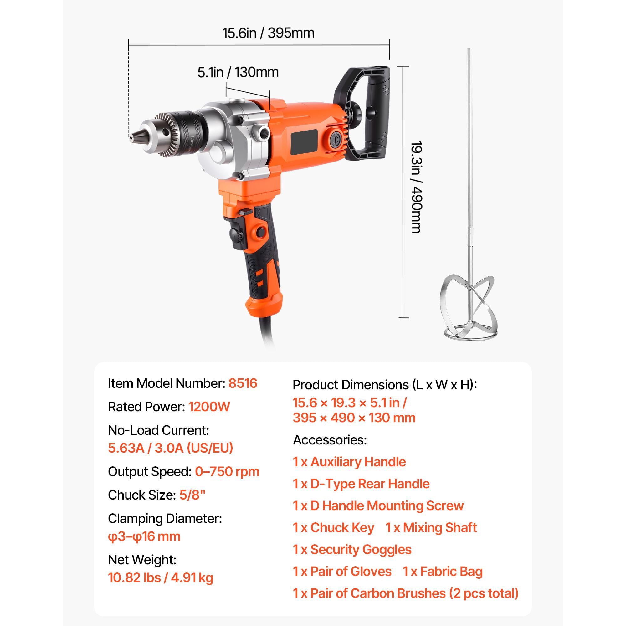 Drill Mixer, 5/8 inch Corded Electric Drill Mixer Set, 0-750RPM 5.63A Mixing Drills, Mixing Drills Machine with D-Handle for Drilling & Blending, Handheld Cement Mixers for Fodder, Paint, Cement